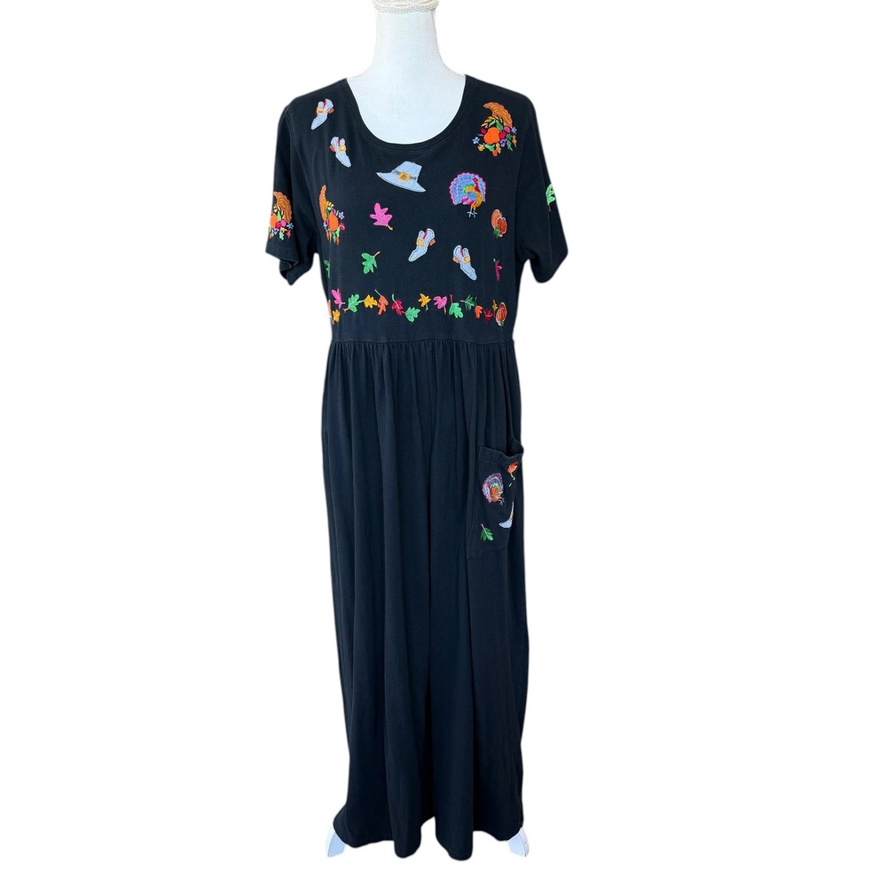 Michael Simon Lite Vintage Thanksgiving Embroidered Maxi Dress Black Cotton L‎